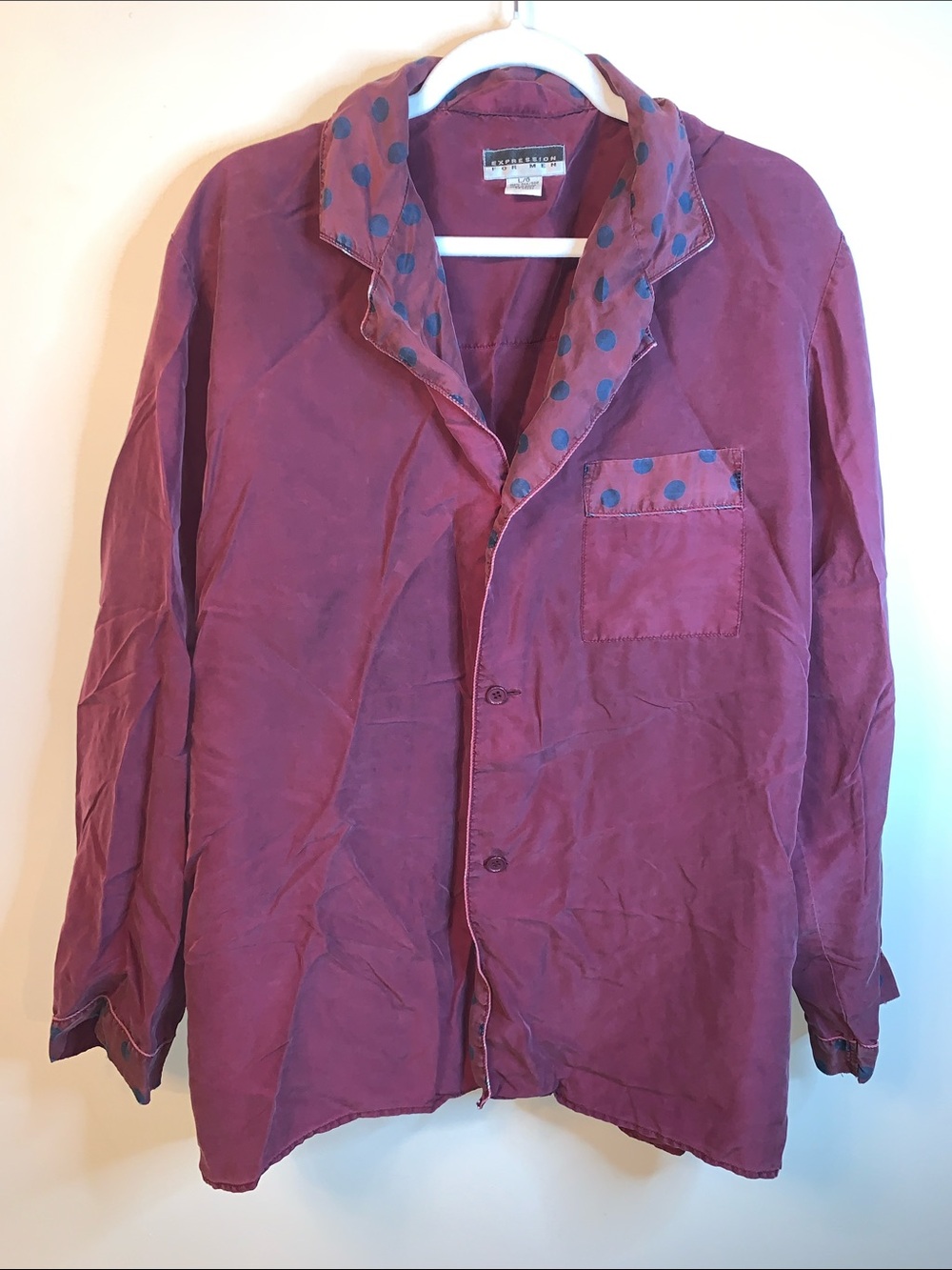 Vintage 100% silk purple polka dot button down shirt L